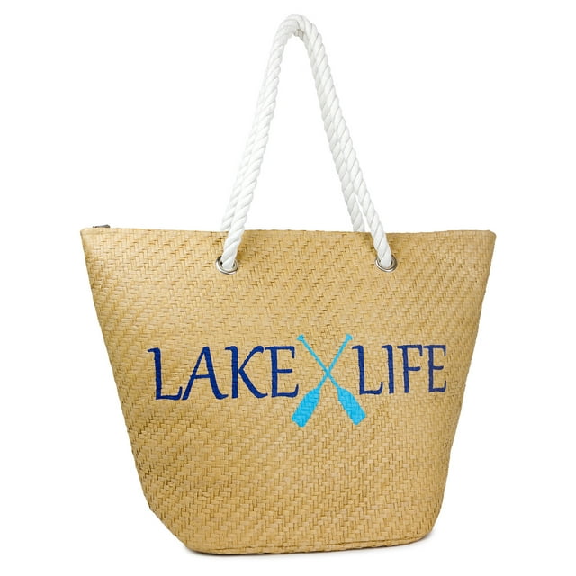 Women's Paper Straw Verbiage Beach Tote-Lake Life