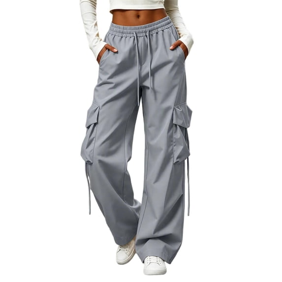 Women’s Parachute Cargo Pants Wide Leg High Waisted Elastic Drawstring Lightweight Baggy Joggers Pockets Casual Spring Fall Outdoor Hiking Pants Gray