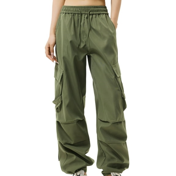 Women's Parachute Pants with Multi Pockets Quick Dry Drawstring Elastic Waisted Wide Leg Baggy Cargo Sweatpants (M, Green 02)