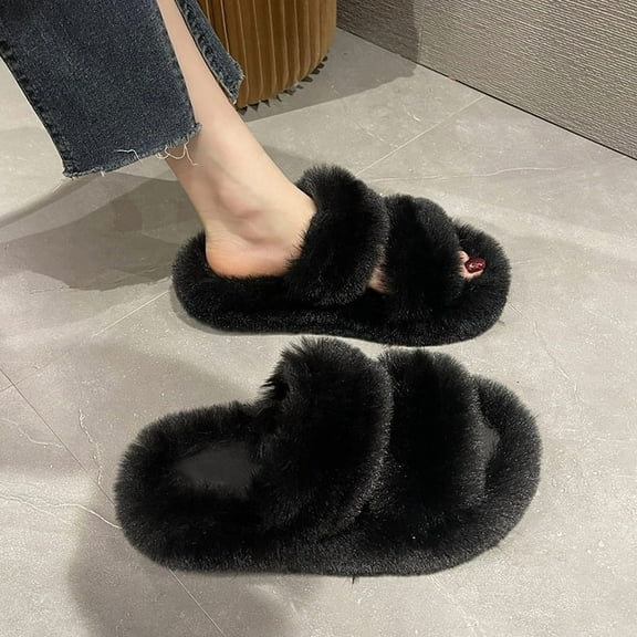 Women's Parallel Band fluffy Slippers, Lady Soft Plush Faux Fur Furry Cozy Open Toe House Indoor Warm Slippers