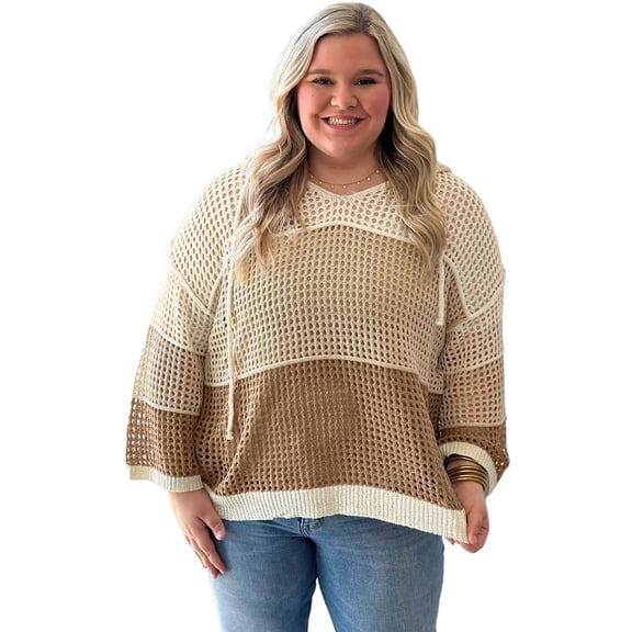 Women's Parchment Colorblock Hooded Knit Sweater for Plus Size Daily Wear | 4X
