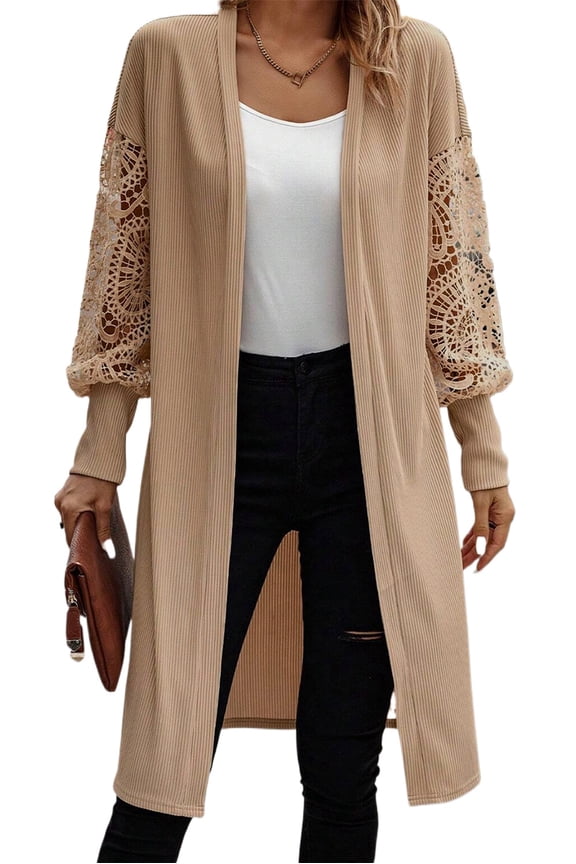 Women's Parchment Lace Patchwork Ribbed Knit Open Front Cardigan - [ZhiHiMeRi] | (US 12-14)L
