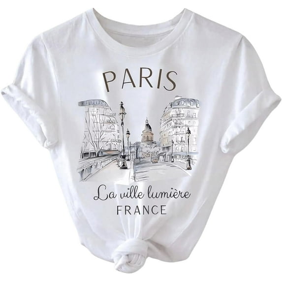 Women's Paris Letter Graphic Tees Round Neck Short Sleeve Casual T Shirt Tops,womens shirts for summer,short sleeve casual shirts for women,short sleeve shirts for women trendy