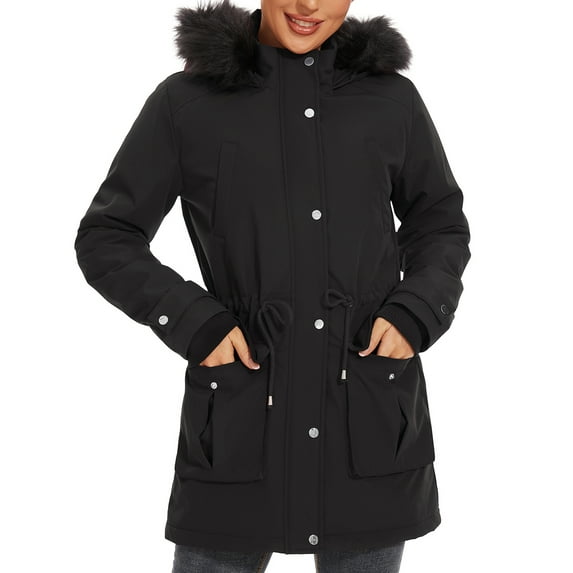 Women's Parka Coat Hooded Warm Parka Jacket Long Winter Coat with Fleece Lined (Black, X-Large)