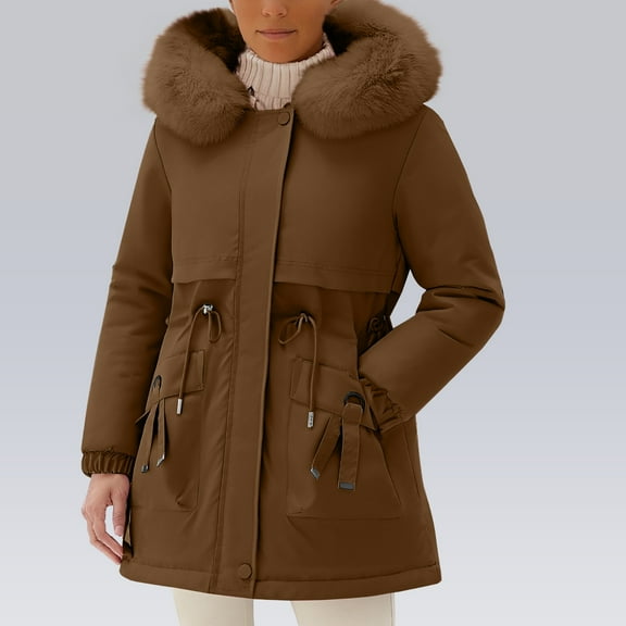 Women's Parka Style Winter Coat, Mid-Length Quilted Lined Hooded Jacket, Plus Size Loose Fit Warm Outerwear, Knee-Length Cotton Parka for Cold Weather, Elegant Longline Winter Coat for Women Coffee