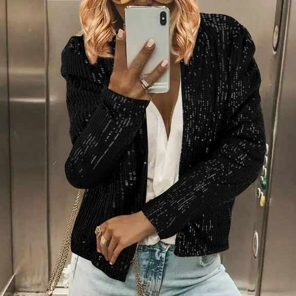 Women's Party Casual Sequin Blazer Long Sleeve Open Front Glitter Sparkly Cardigan