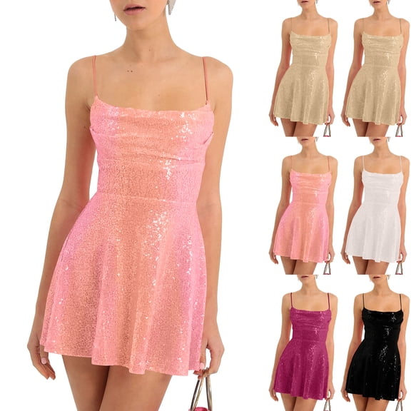 Women's Party Dress Club Dress Sleeveless Square Neck Adjustable Straps Bow Tie A Line Sequin Dress for Cocktail Banquet,Black,M