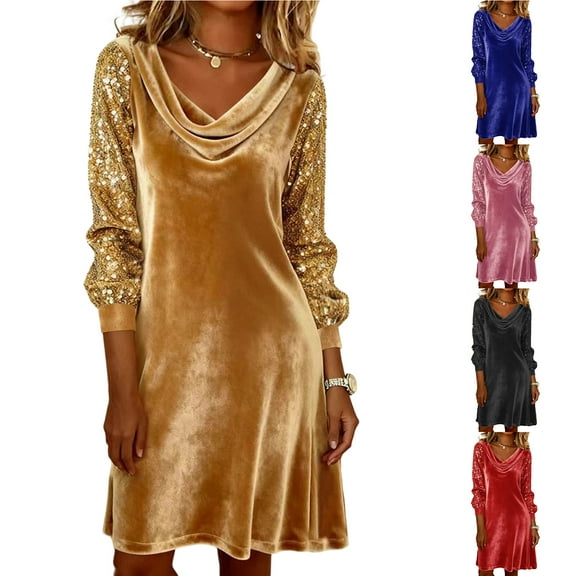Women's Party Dress Sequin Dress Long Sleeve Sexy Fashion Casual Splicing Bodycon Midi Dress for Winter Holiday Party,Gold,M