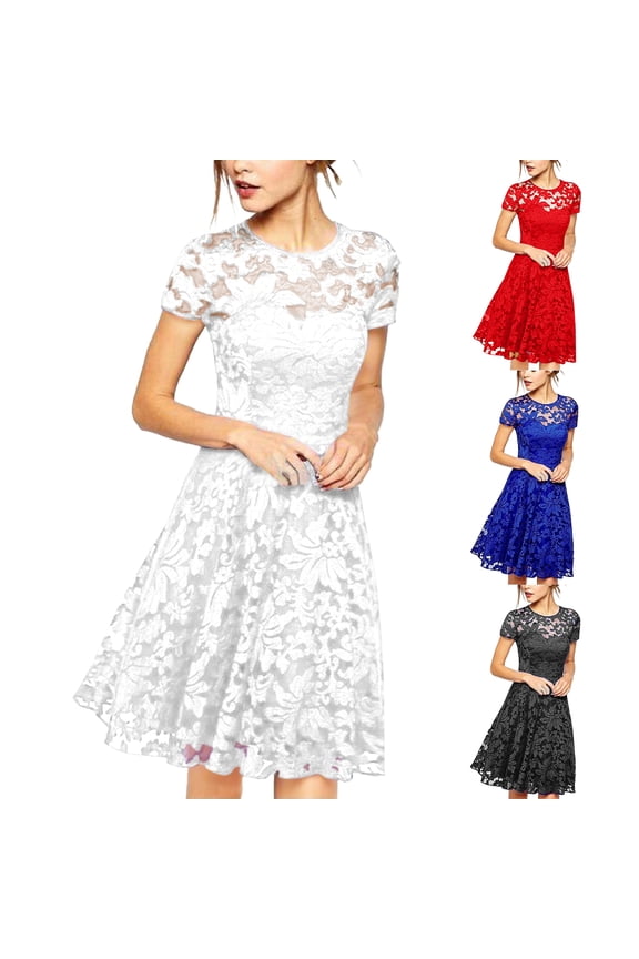 Women's Party Dress Short Sleeve Round Neck with Lace Trim Floral Elegant Cocktail Dress for Spring Fall Banquet Wedding Guest,Black,XL