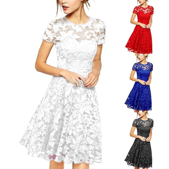 Women's Party Dress Short Sleeve Round Neck with Lace Trim Floral Elegant Cocktail Dress for Spring Fall Banquet Wedding Guest,Royal Blue,M