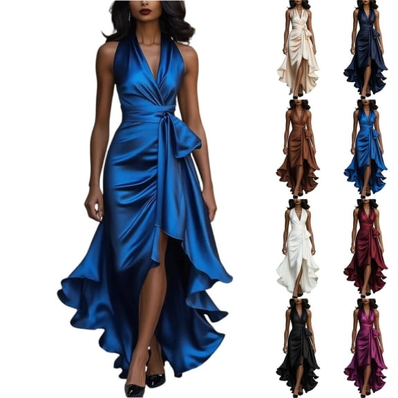 Women's Party Dress Slit Dress V-Neck Sleeveless Solid Color Irregular Hem Midi Length Sexy Evening Gown for Banquet Dinner Date Night,Purple,L