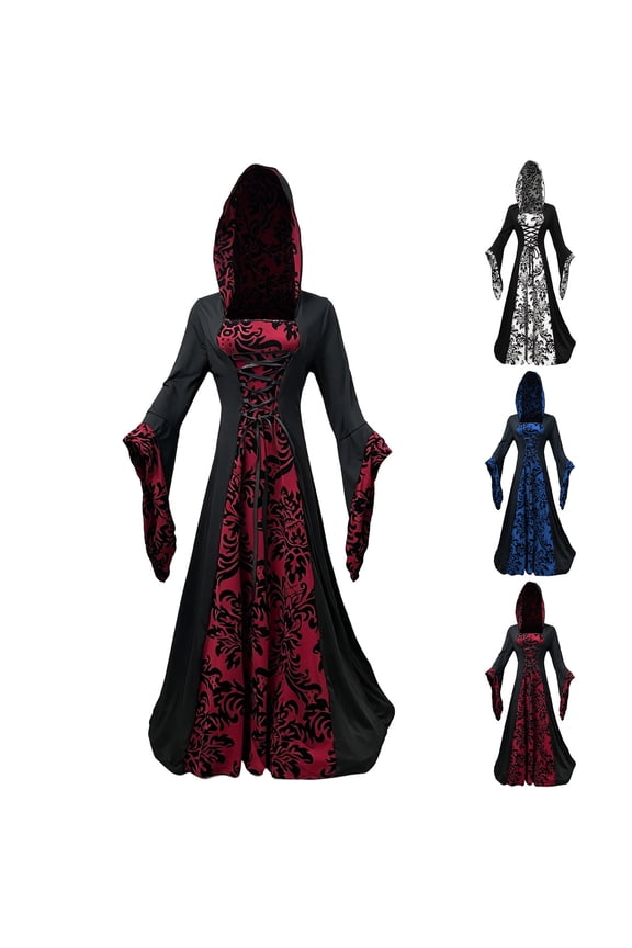 Women's Party Dress Up Hooded Long Flared Sleeve Dress Vintage Witch Full Length Role Play Gown