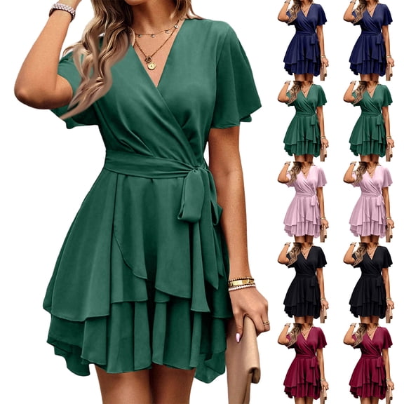 Women's Party Dress V-Neck Solid Color Waist Defining Irregular Hem Elegant Midi Dress for Spring Fall Banquet Date Night,Pink,L