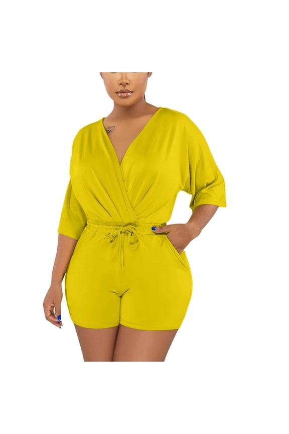 Women's Party Jumpsuit V Neck Short Sleeve Tie Front Romper Sexy One Piece for Club