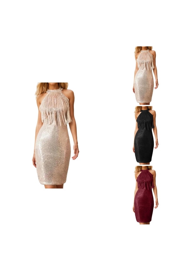 Women’s Party Neck Sequin Fringe Dress, Sleeveless Midi Evening Gown with V Neck Beaded Fringe Design, Perfect for 1920s Flapper Themes, Great Gatsby Parties, Club Nights & Special Occasions