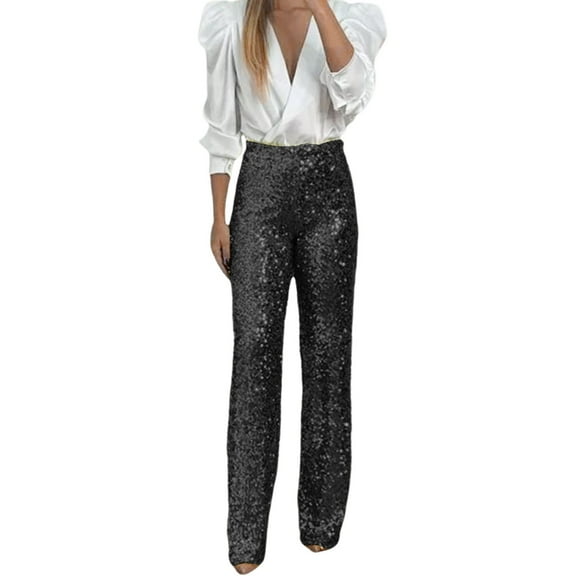 Women's Party Sequin Pants High Waist Slim Stretch Flare Leg Solid Club Shiny Trousers