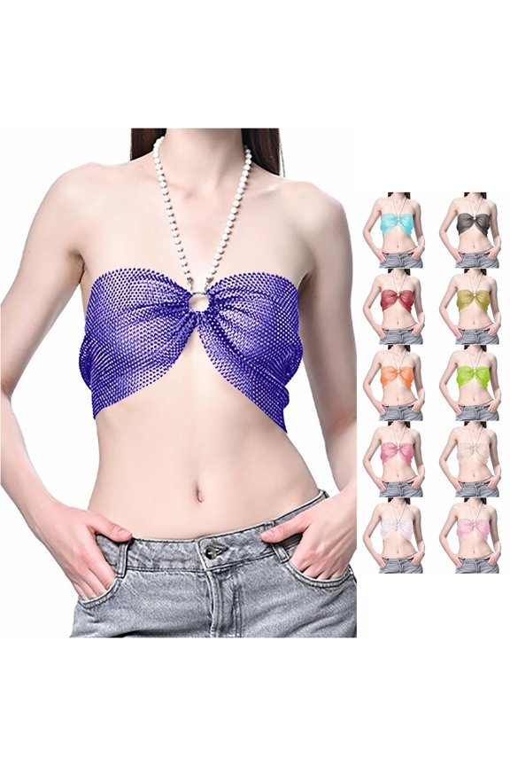 Women's Party Tops Tank Camisole Shimmering Rhinestone Mesh Crop Top for Nightclub and Events Barbell Tops Womens