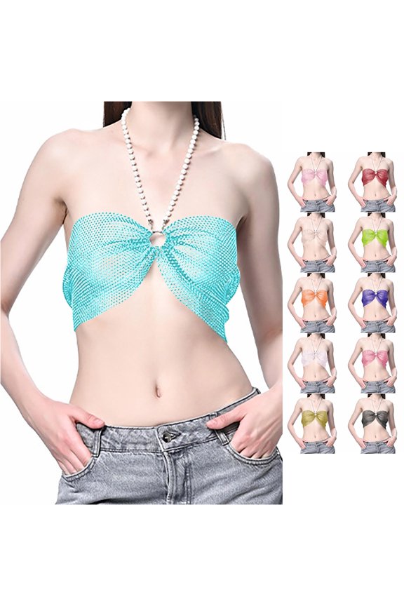 Women's Party Tops Tank Camisole Shimmering Rhinestone Mesh Crop Top for Nightclub and Events Barbell Tops Womens