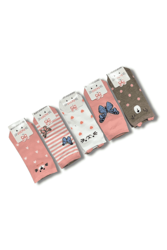 Women's Pastel Animal & Butterfly Print Cotton Ankle Socks 5-Pack