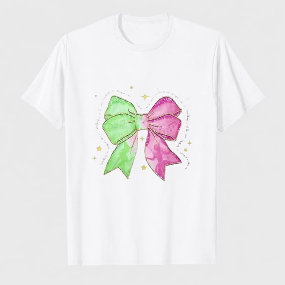 Women's Pastel Bow Graphic T-Shirt, Music Note Ribbon Short Sleeve Shirt