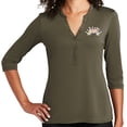 thumbnail image 1 of Women's Pastel Bowling Arch 5-button 3/4 Sleeve Henley Shirt, Large Deep Olive, 1 of 3