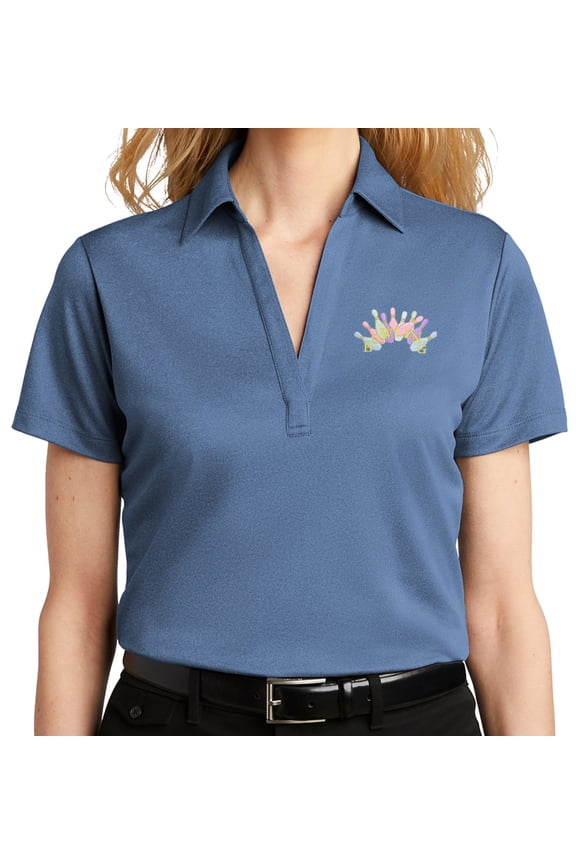 Women's Pastel Bowling Arch No Button Polo Shirt, Medium Moonlight Blue Heather