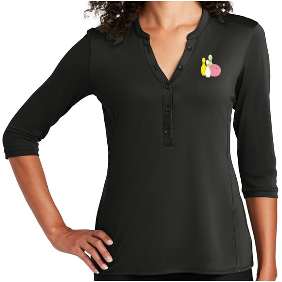 Women's Pastel Bowling Pins 5-button 3/4 Sleeve Henley Shirt, XL Black