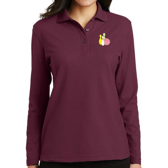 Women's Pastel Bowling Pins Moisture-Wicking Long Sleeve Polo Shirt, 3XL Burgundy