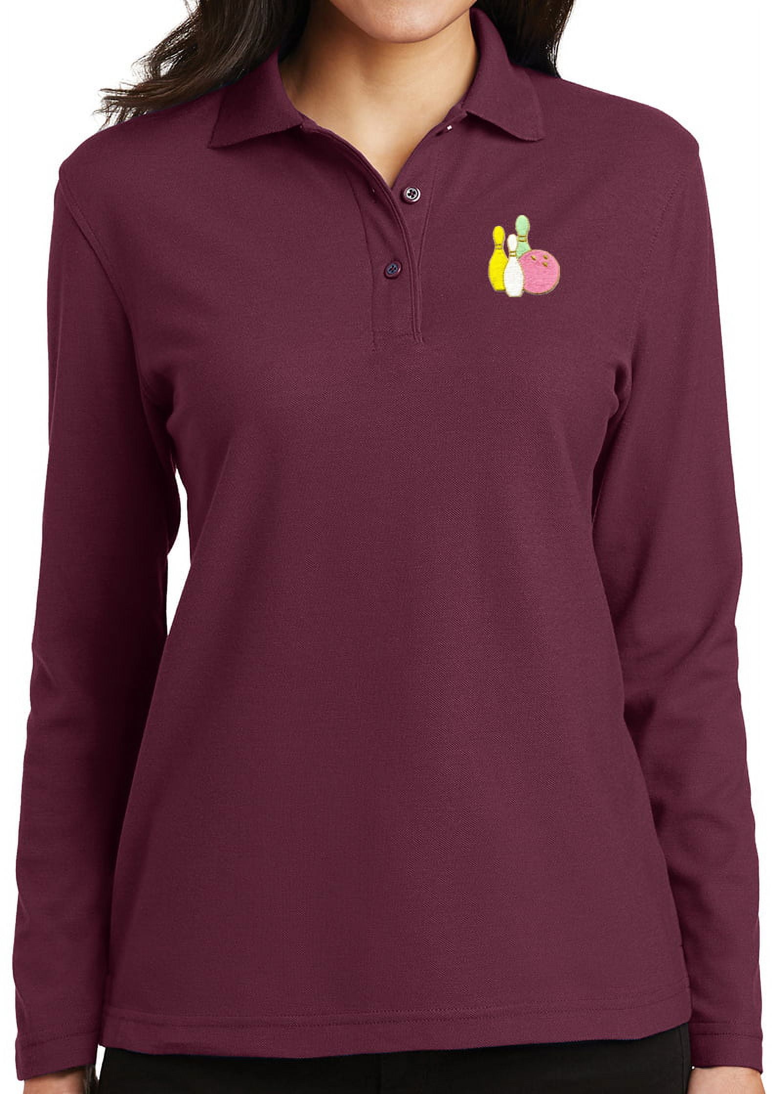 Women s Pastel Bowling Pins Moisture Wicking Long Sleeve Polo Shirt 4XL Burgundy