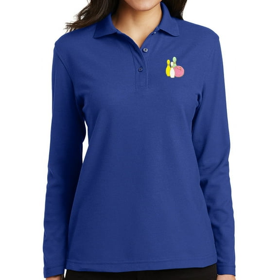 Women's Pastel Bowling Pins Moisture-Wicking Long Sleeve Polo Shirt, Small Royal