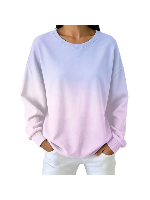 Women's Pastel Gradient Sweatshirt, Crew Neck Long Sleeve Ombre Relaxed Pullover Top for Casual Everyday Wear