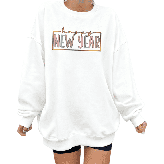Women's Pastel Happy New Year Graphic Sweatshirt Casual Top Breathable Round-neck long-sleeved white S-3XL