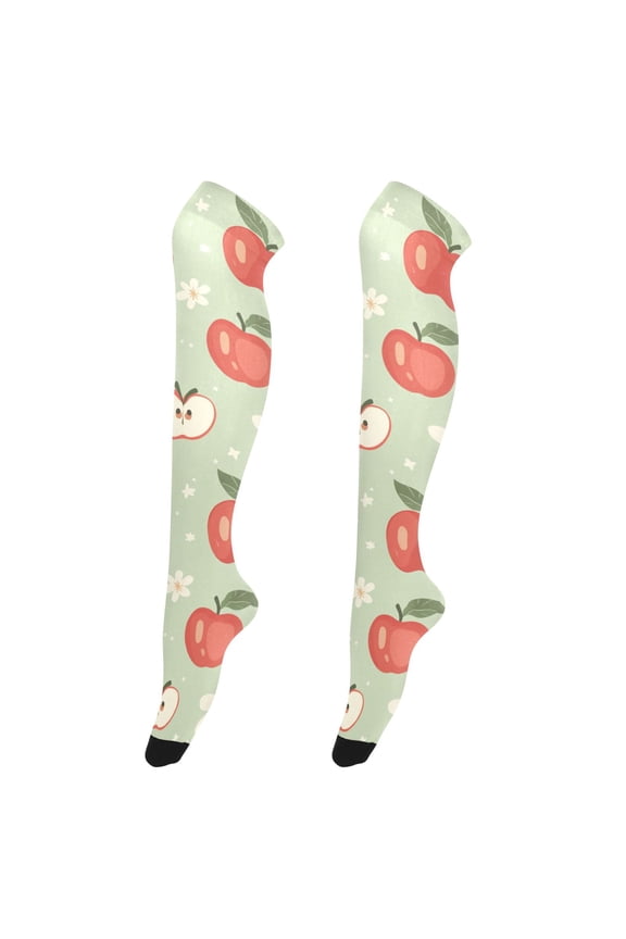 Womens Pastel Iridescent Apple Flower Pattern Print Thigh High Over the Knee Stretch Nylon Socks, One Size Fits Most