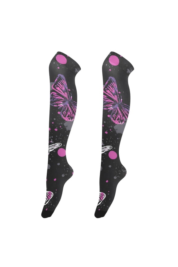 Womens Pastel Iridescent Black Powder Ash Butterfly Camouflage Wind Print Thigh High Over the Knee Stretch Nylon Socks, One Size Fits Most