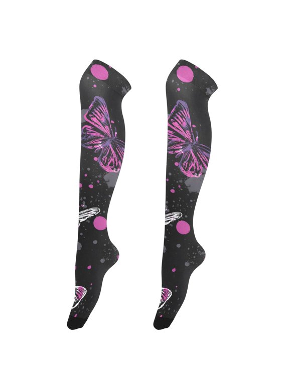 Womens Pastel Iridescent Black Powder Ash Butterfly Camouflage Wind Print Thigh High Over the Knee Stretch Nylon Socks, One Size Fits Most
