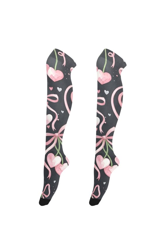 Womens Pastel Iridescent Cherry Bow Tie Print Thigh High Over the Knee Stretch Nylon Socks, One Size Fits Most