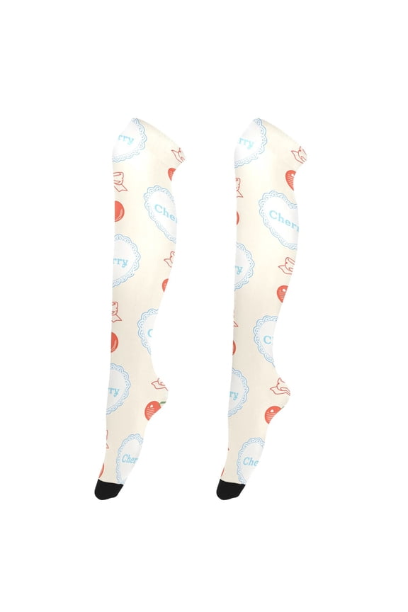 Womens Pastel Iridescent Cherry Heart Pattern Print Thigh High Over the Knee Stretch Nylon Socks, One Size Fits Most