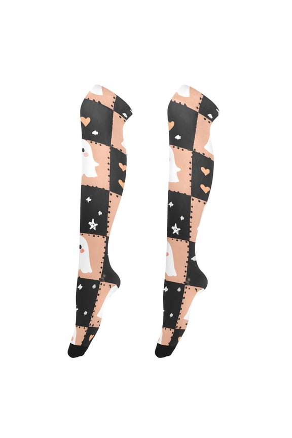 Womens Pastel Iridescent Ghost Grid Pattern Print Thigh High Over the Knee Stretch Nylon Socks, One Size Fits Most