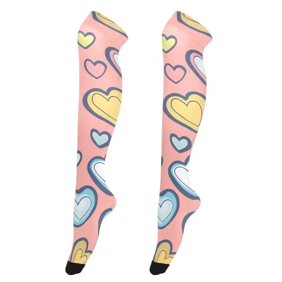Womens Pastel Iridescent Heart Pattern Print Thigh High Over the Knee Stretch Nylon Socks, One Size Fits Most