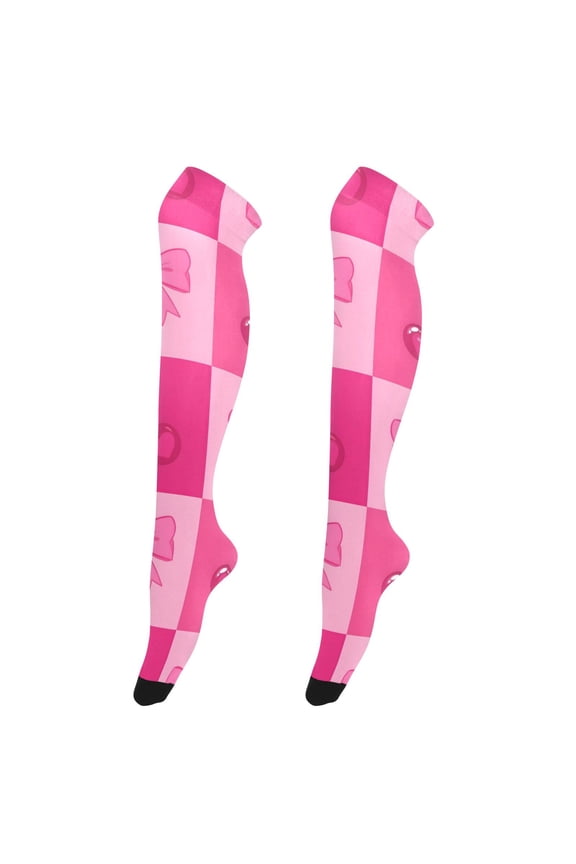 Womens Pastel Iridescent Love Cherry Grid Print Thigh High Over the Knee Stretch Nylon Socks, One Size Fits Most