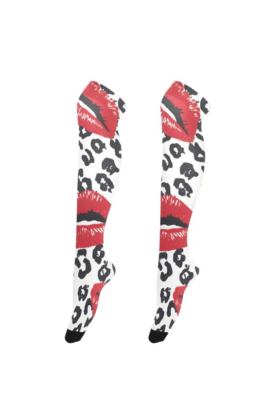 Womens Pastel Iridescent Message Red Lips Print Thigh High Over the Knee Stretch Nylon Socks, One Size Fits Most