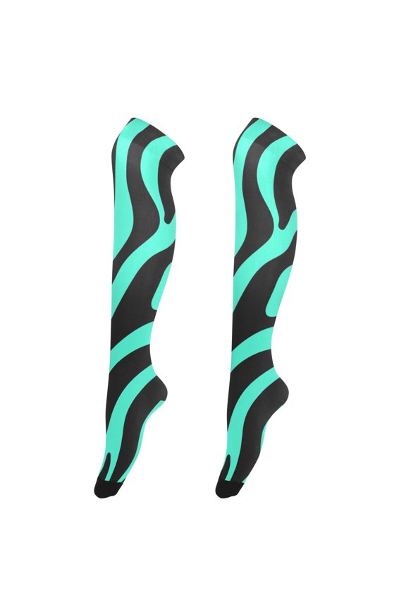 Womens Pastel Iridescent Mint Green Zebra Print Pattern Print Thigh High Over the Knee Stretch Nylon Socks, One Size Fits Most