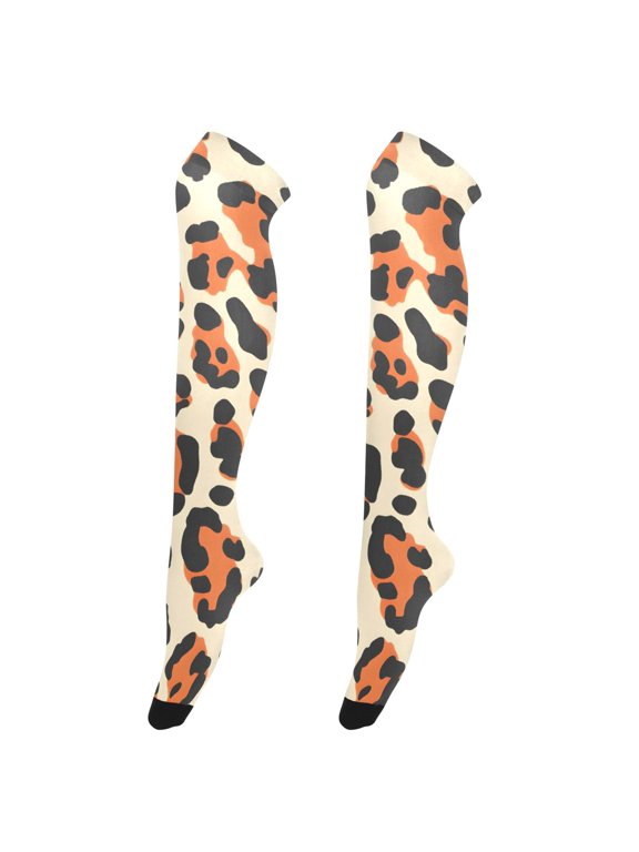 Womens Pastel Iridescent Orange Leopard Pattern Print Thigh High Over the Knee Stretch Nylon Socks, One Size Fits Most