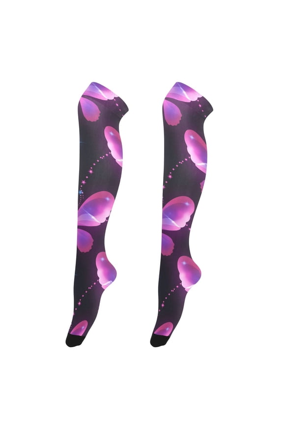 Womens Pastel Iridescent Pink Fluorescent Butterfly Pattern Print Thigh High Over the Knee Stretch Nylon Socks, One Size Fits Most