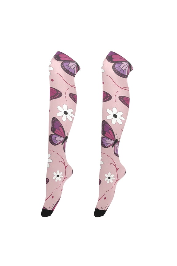 Womens Pastel Iridescent Pink Purple Flying Butterflies Print Thigh High Over the Knee Stretch Nylon Socks, One Size Fits Most