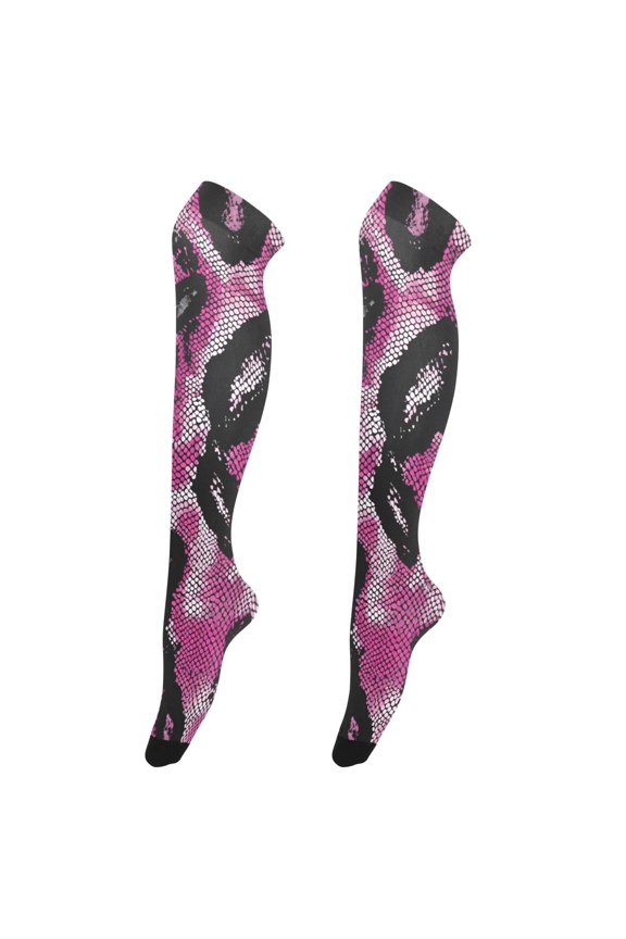 Womens Pastel Iridescent Pink Snake Skin Pattern Print Thigh High Over the Knee Stretch Nylon Socks, One Size Fits Most