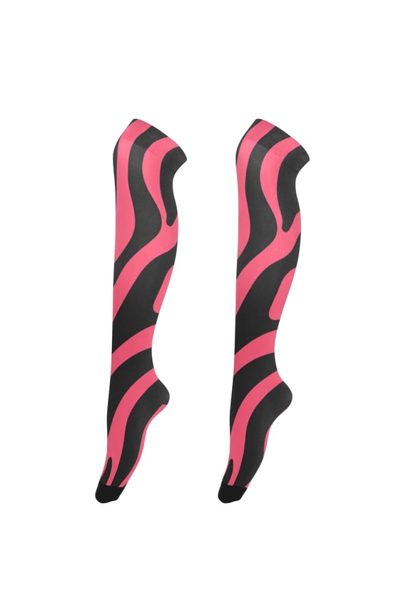 Womens Pastel Iridescent Pink Zebra Print Pattern Print Thigh High Over the Knee Stretch Nylon Socks, One Size Fits Most