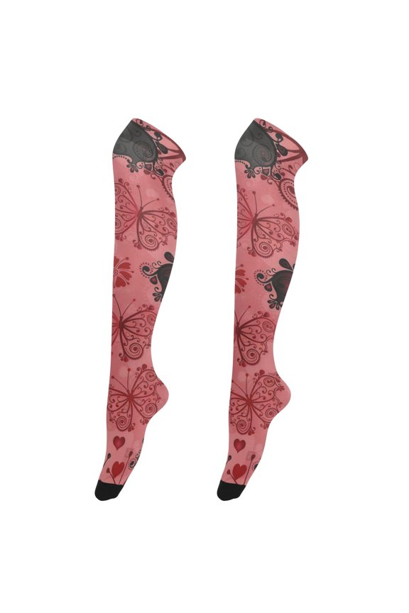 Womens Pastel Iridescent Ruby Gothic Butterfly Print Thigh High Over the Knee Stretch Nylon Socks, One Size Fits Most