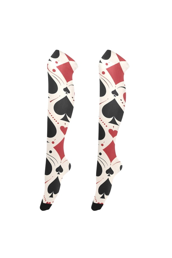 Womens Pastel Iridescent Seam Playing Cards Print Thigh High Over the Knee Stretch Nylon Socks, One Size Fits Most