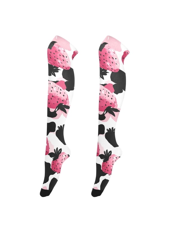 Womens Pastel Iridescent Strawberry Leopard Print Pattern Print Thigh High Over the Knee Stretch Nylon Socks, One Size Fits Most